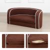 30" Brown Round Pet Sofa, Dog sofa, Dog bed, Cat Bed, Cat Sofa, with Wooden Structure and Linen Goods White Roller Lines on the Edges Curved Appearanc