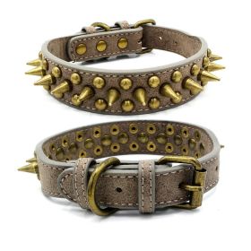 404 POPMARKET Retro Studded Spiked Rivet Large Dog Pet Leather Collar Pit Bull S-XL (Option: Gray-S)